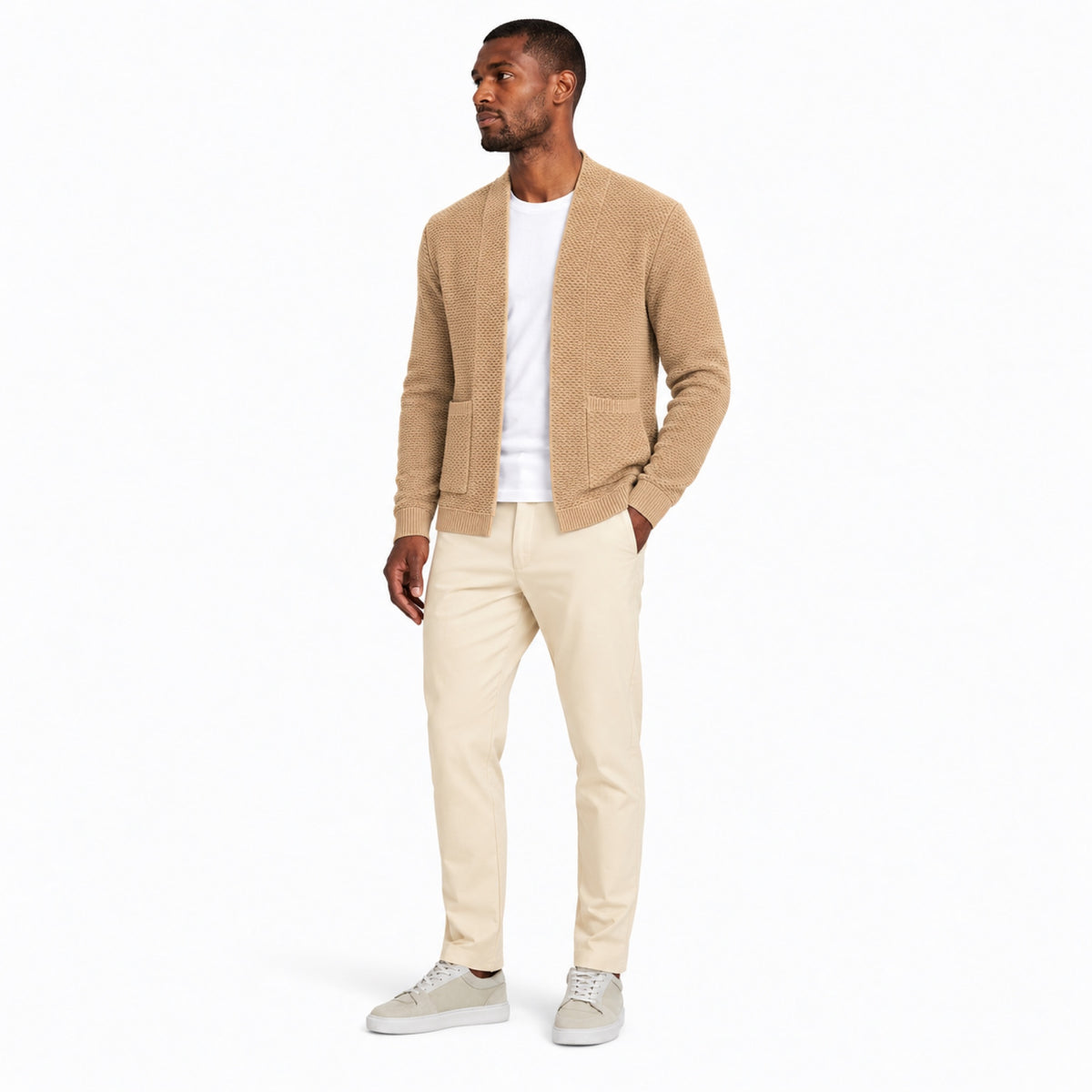 Men’s Textured Open-Front Cardigan Patch Pockets Relaxed Fit
