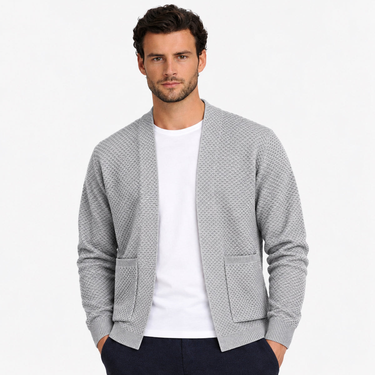Men’s Textured Open-Front Cardigan Patch Pockets Relaxed Fit