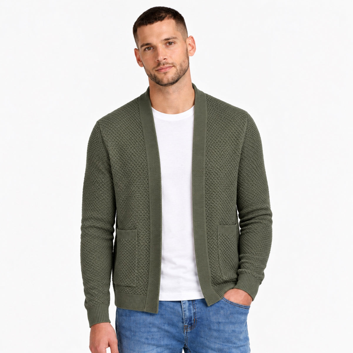 Men’s Textured Open-Front Cardigan Patch Pockets Relaxed Fit