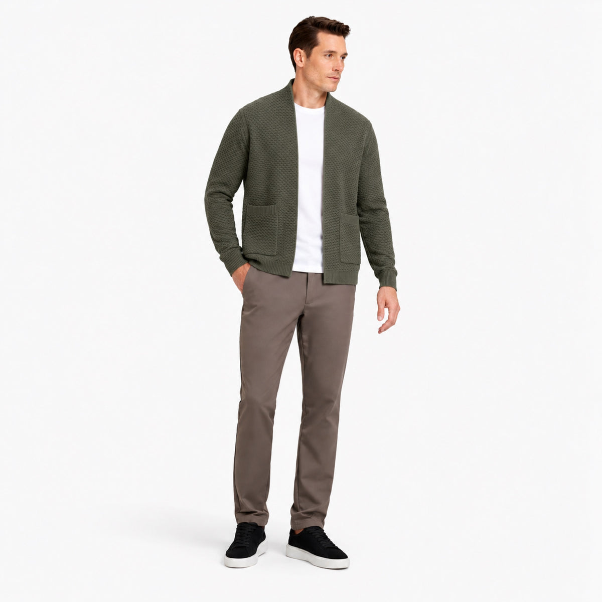 Men’s Textured Open-Front Cardigan Patch Pockets Relaxed Fit