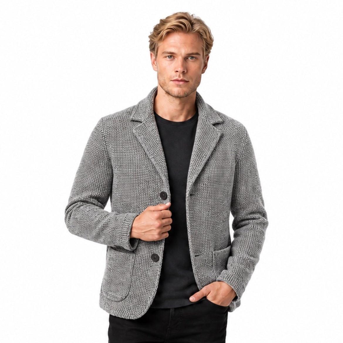 Men’s Textured Knitted Blazer Notched Lapels Button Front Relaxed Fit