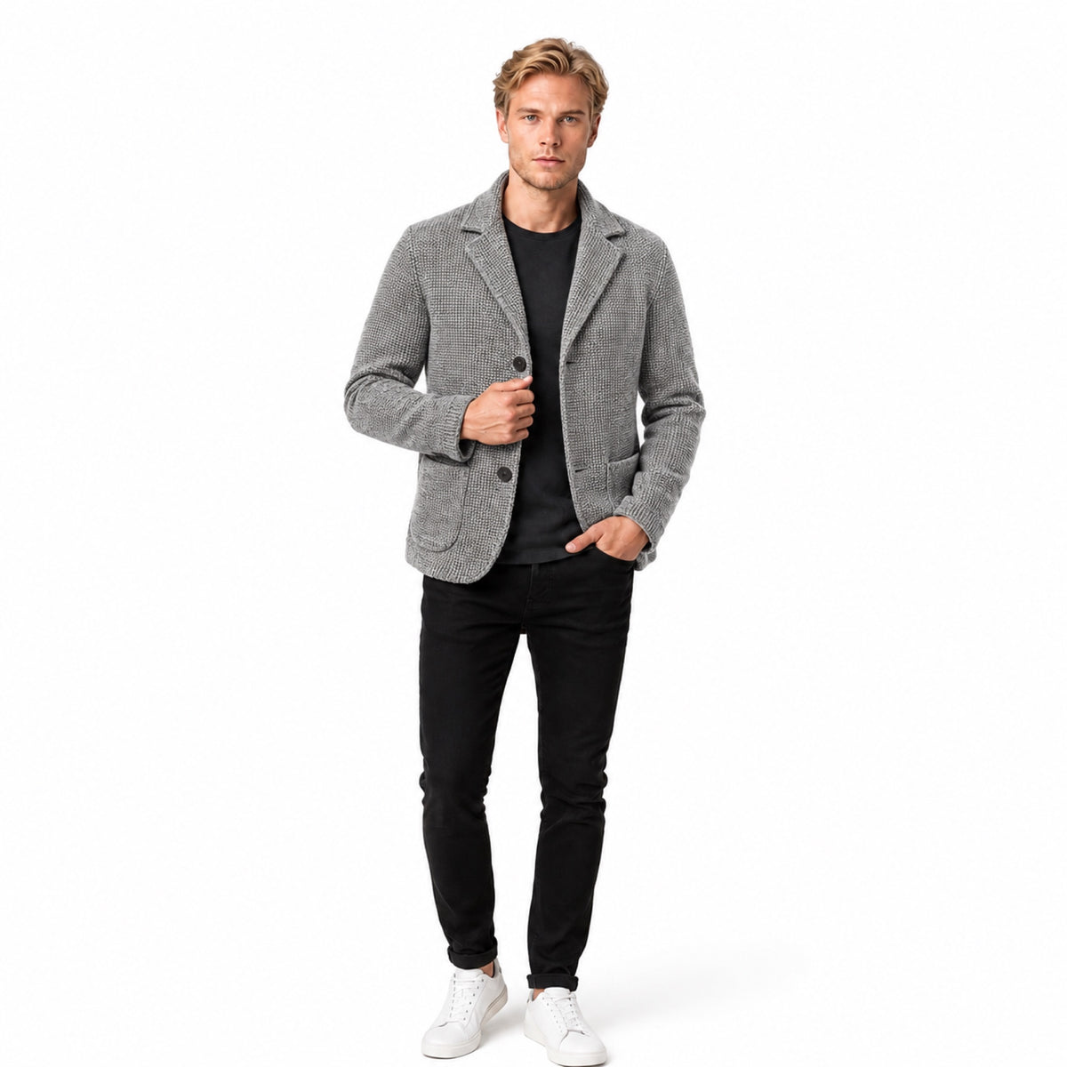 Men’s Knitted Cardigan Blazer Textured Weave Notch Lapels