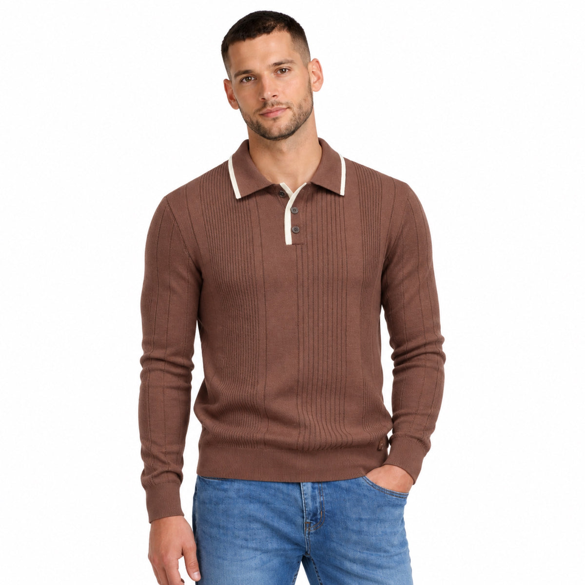Men’s Vertical Rib Knitted Polo Jumper Contrast Trim Regular Fit