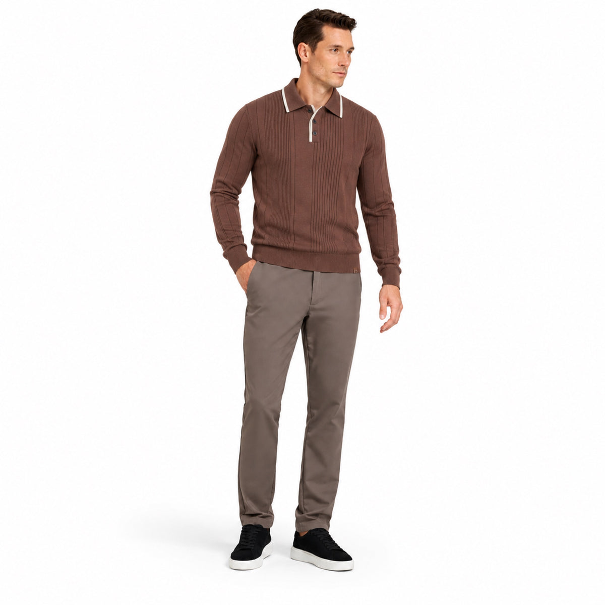 Men’s Vertical Rib Knitted Polo Jumper Contrast Trim Regular Fit