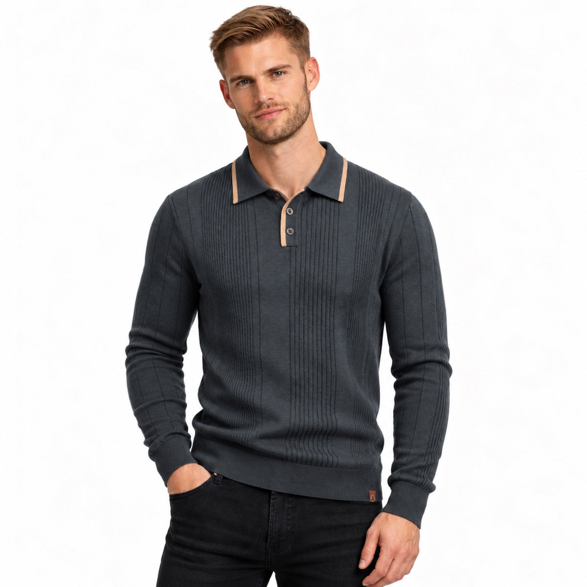 Men’s Vertical Rib Knitted Polo Jumper Contrast Trim Regular Fit