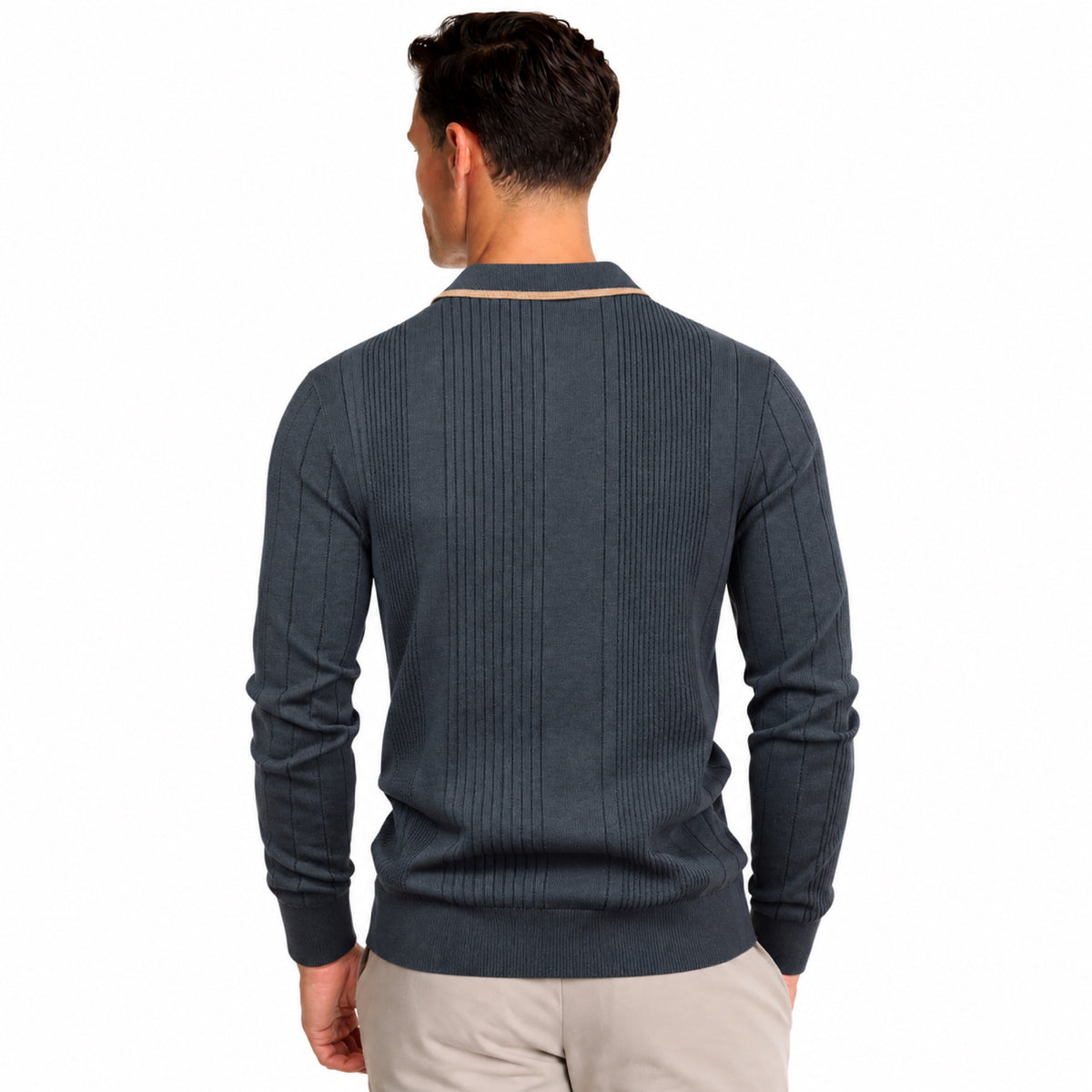 Men’s Vertical Rib Knitted Polo Jumper Contrast Trim Regular Fit