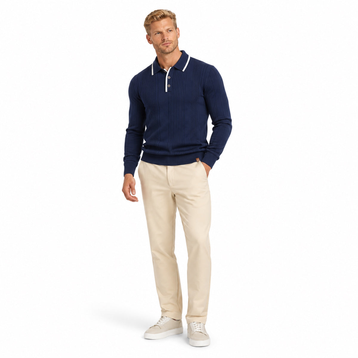 Men’s Vertical Rib Knitted Polo Jumper Contrast Trim Regular Fit