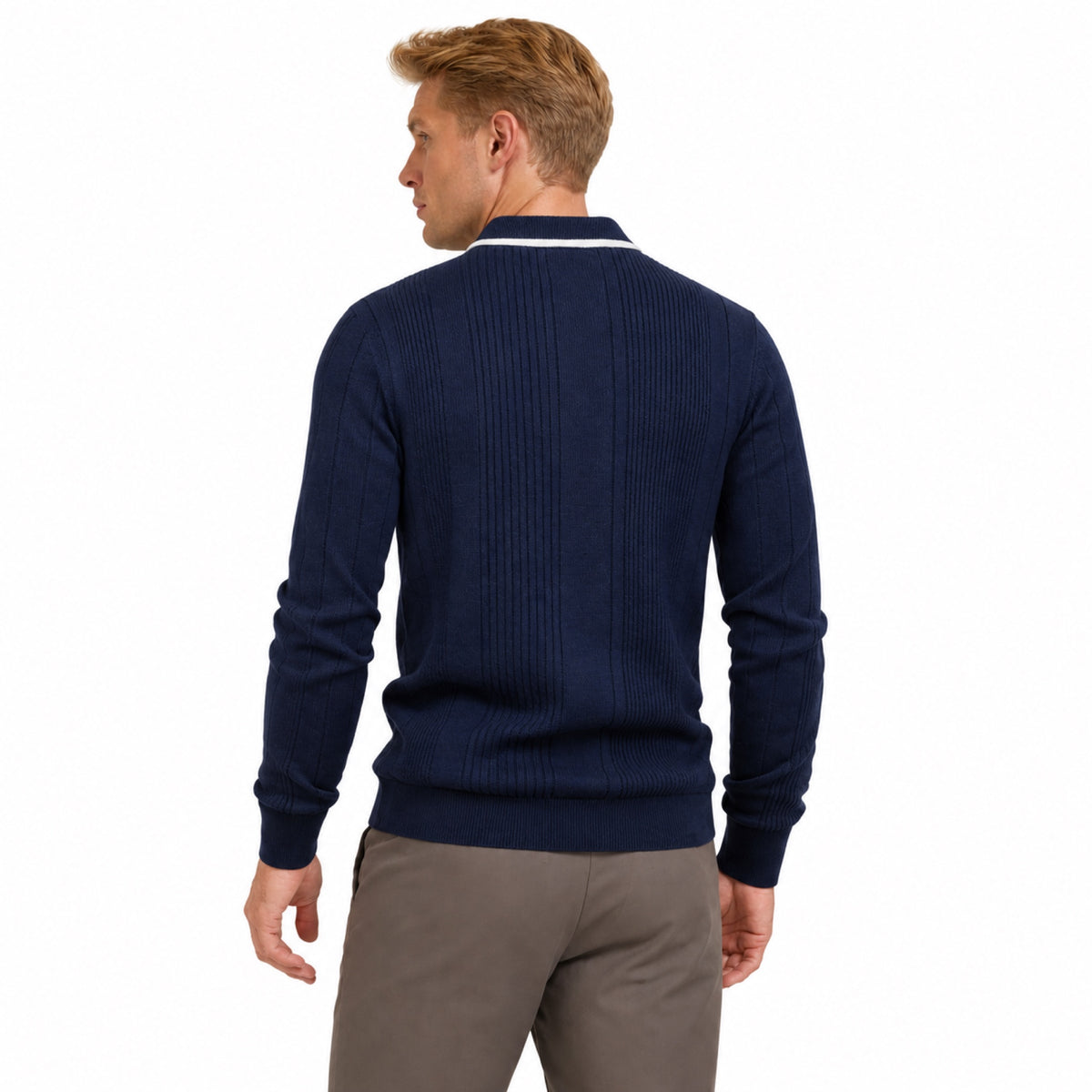 Men’s Vertical Rib Knitted Polo Jumper Contrast Trim Regular Fit