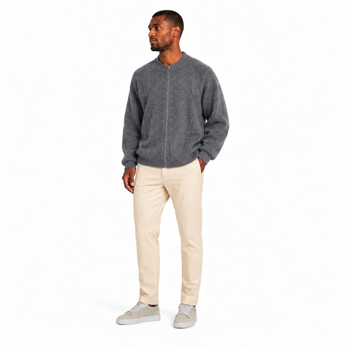 Men’s Brushed Knit Full-Zip Jumper Ribbed Collar Relaxed Fit