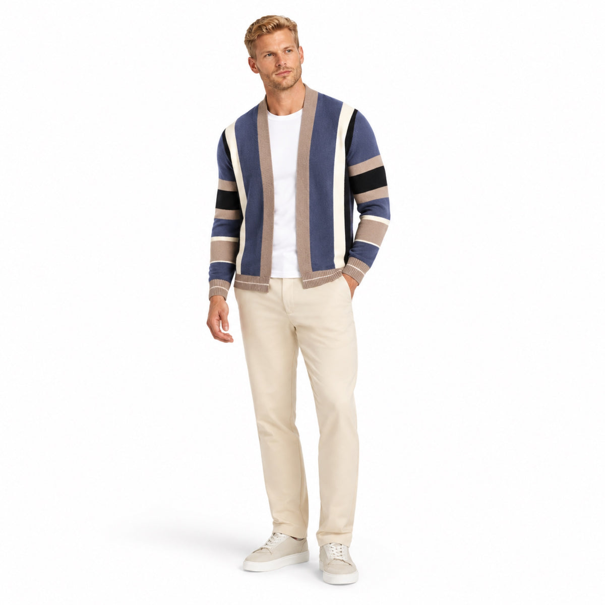 Men’s Striped Open-Front Knitted Cardigan Ribbed Trim Relaxed Fit