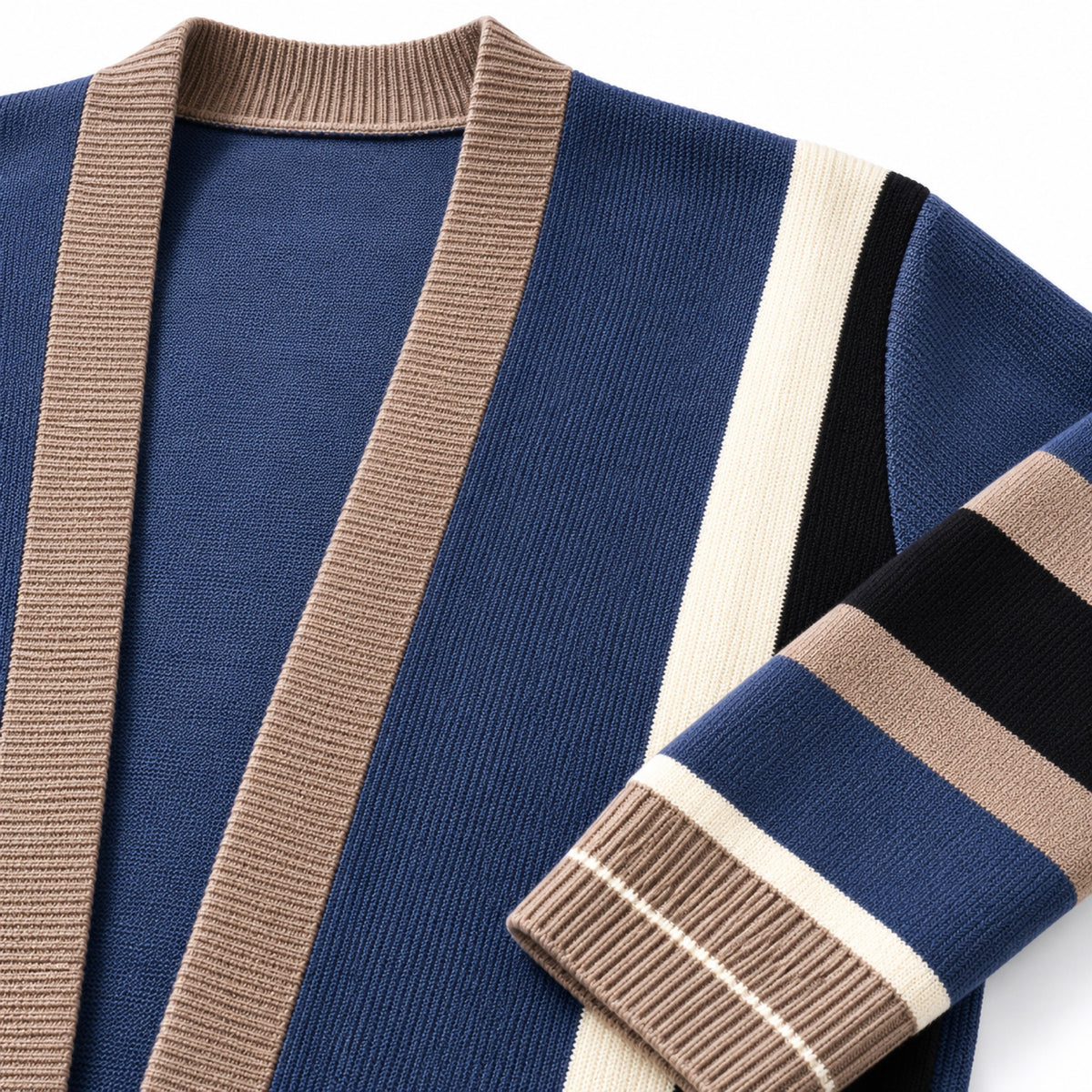 Men’s Striped Open-Front Knitted Cardigan Ribbed Trim Relaxed Fit