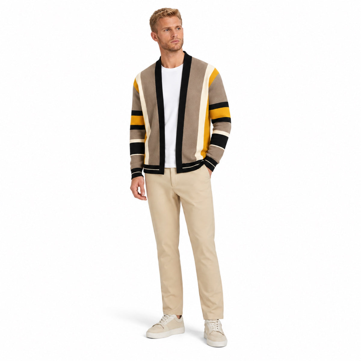Men’s Striped Open-Front Knitted Cardigan Ribbed Trim Relaxed Fit