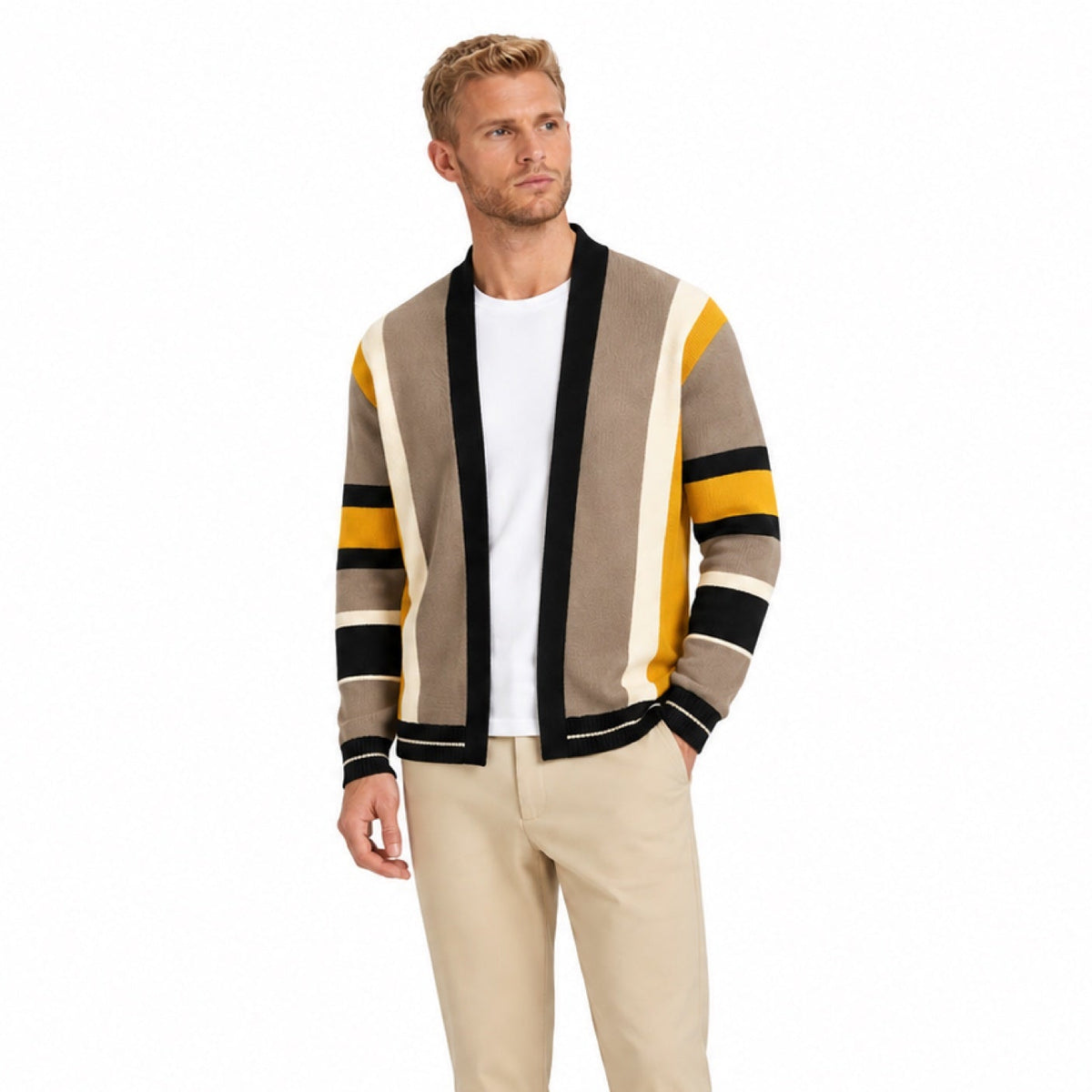 Men’s Striped Knit Cardigan Ribbed Trim