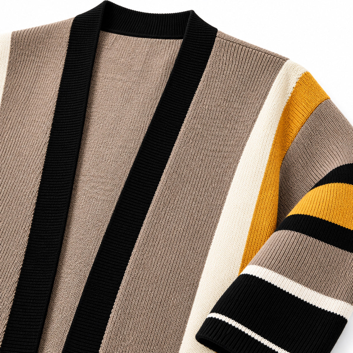 Men’s Striped Open-Front Knitted Cardigan Ribbed Trim Relaxed Fit