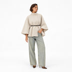 Women’s Cape Coat Funnel Neck Belted Waist Wide Sleeves