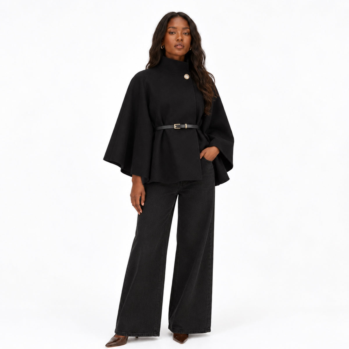 Women’s Cape Coat Funnel Neck Belted Waist Wide Sleeves
