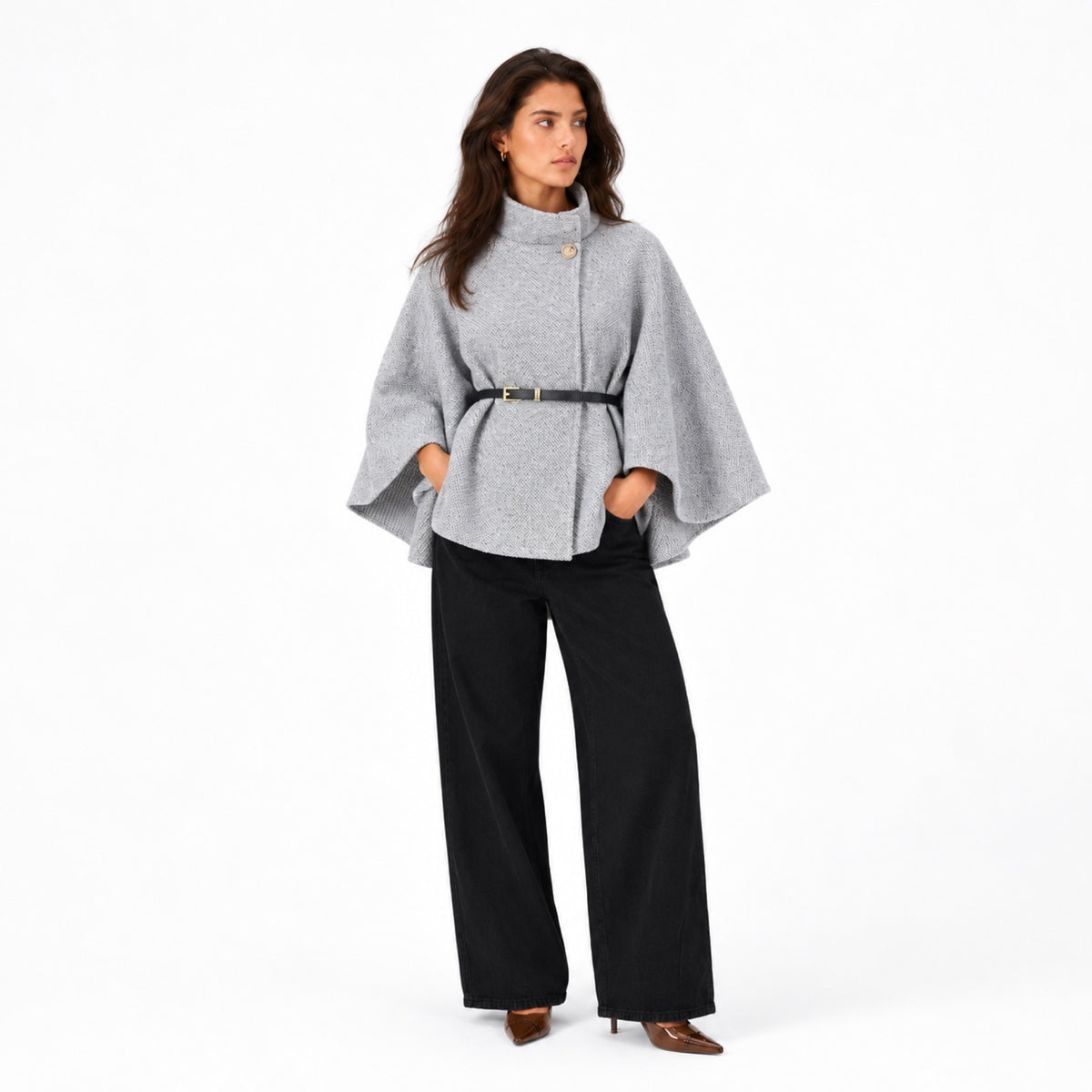 Women’s Cape Coat Funnel Neck Belted Waist Wide Sleeves