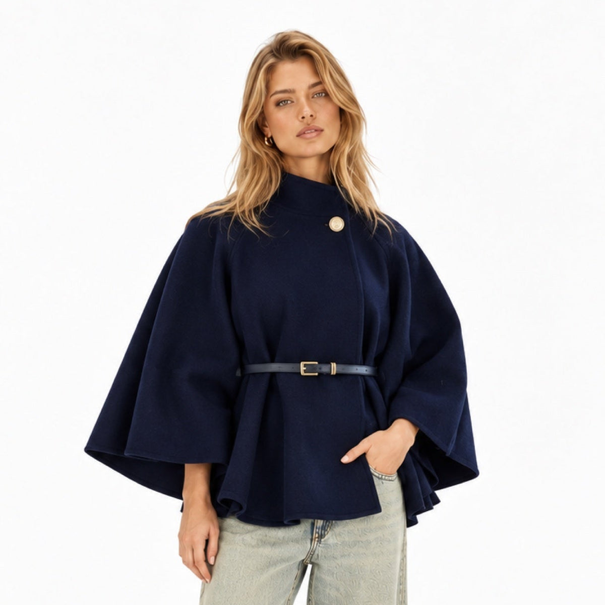 Women's cape coat - Navy Blue front view