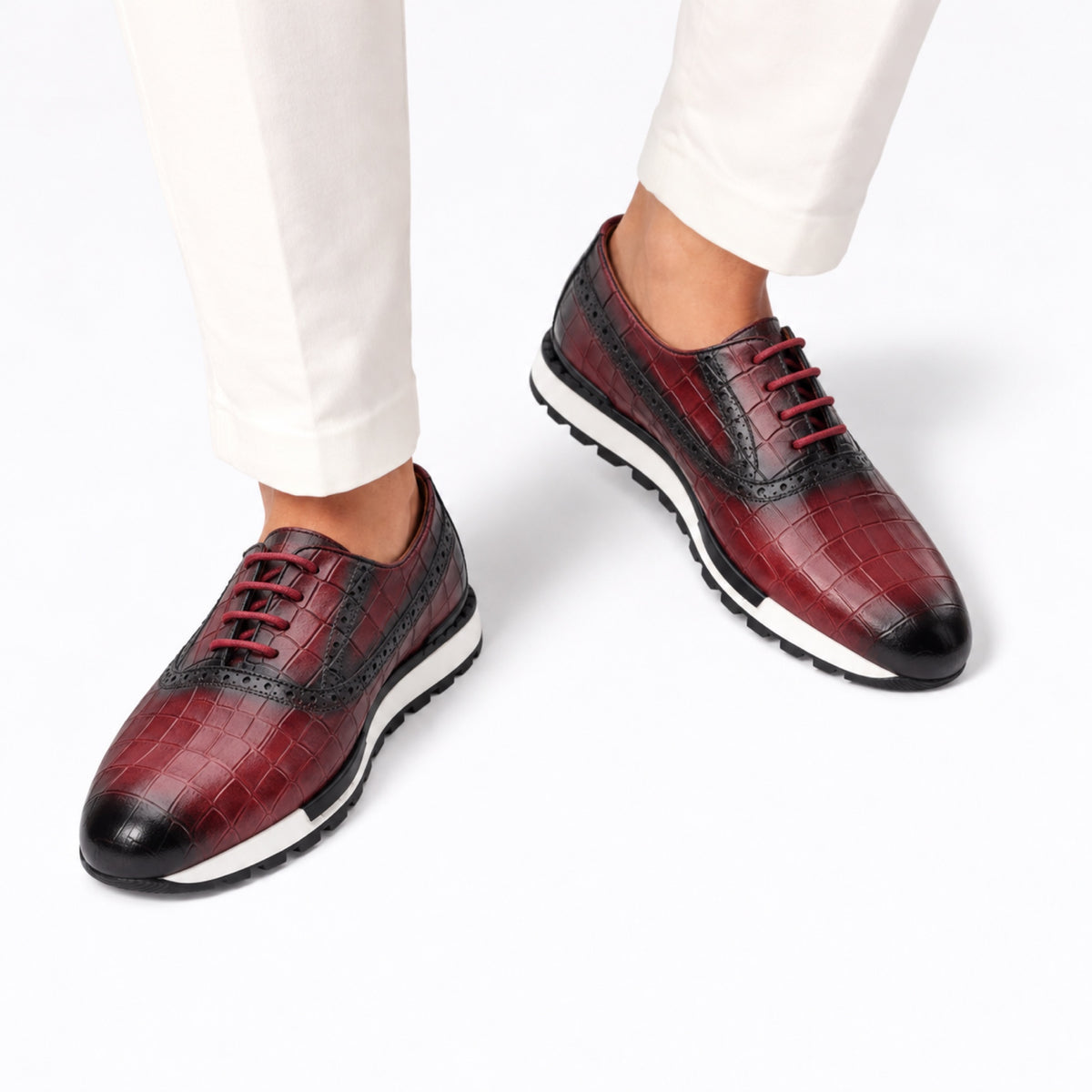 Men's brogue trainers - Burgundy on-feet detail