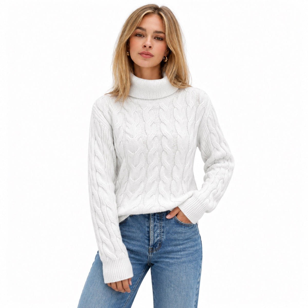 Women's cable-knit jumper - White front view