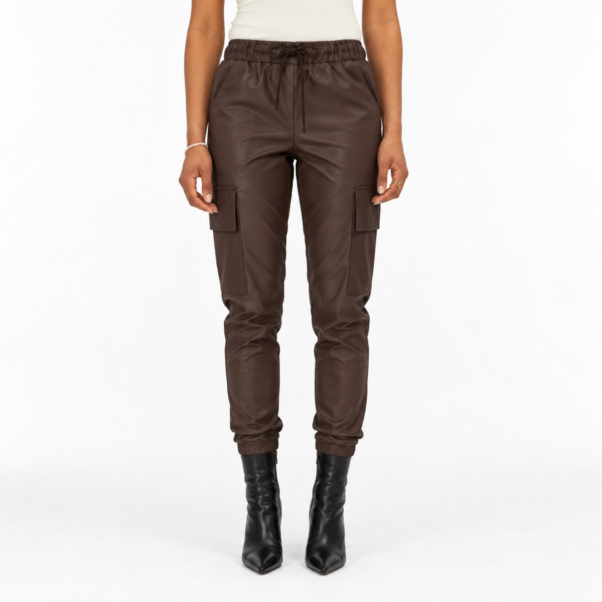Women's coated cargo joggers - Brown front view
