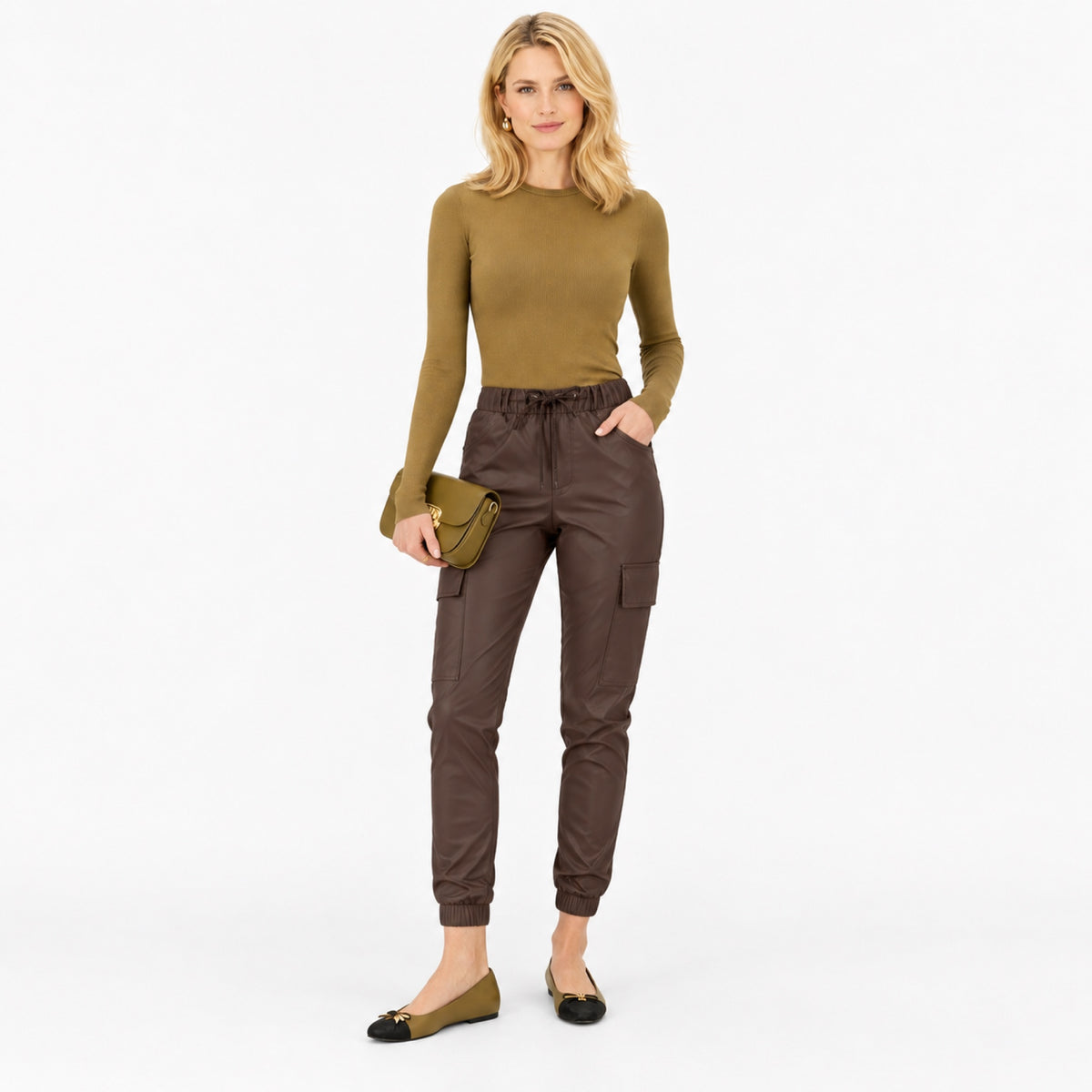 Women's coated cargo joggers - Brown full view