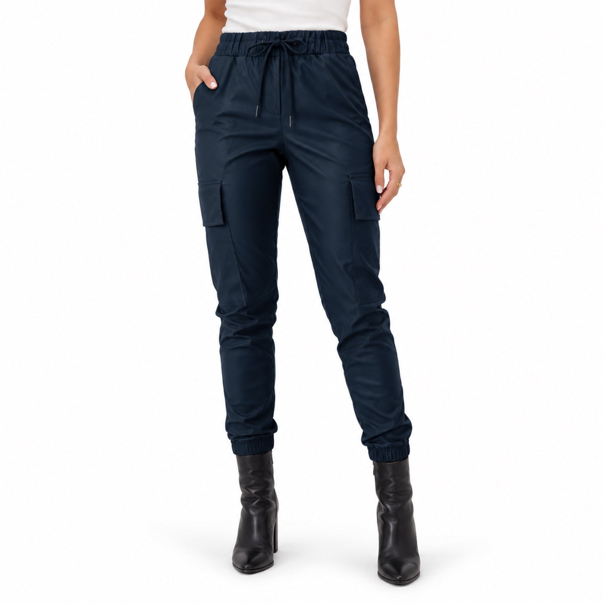 Women's coated cargo joggers - Dark Blue front view