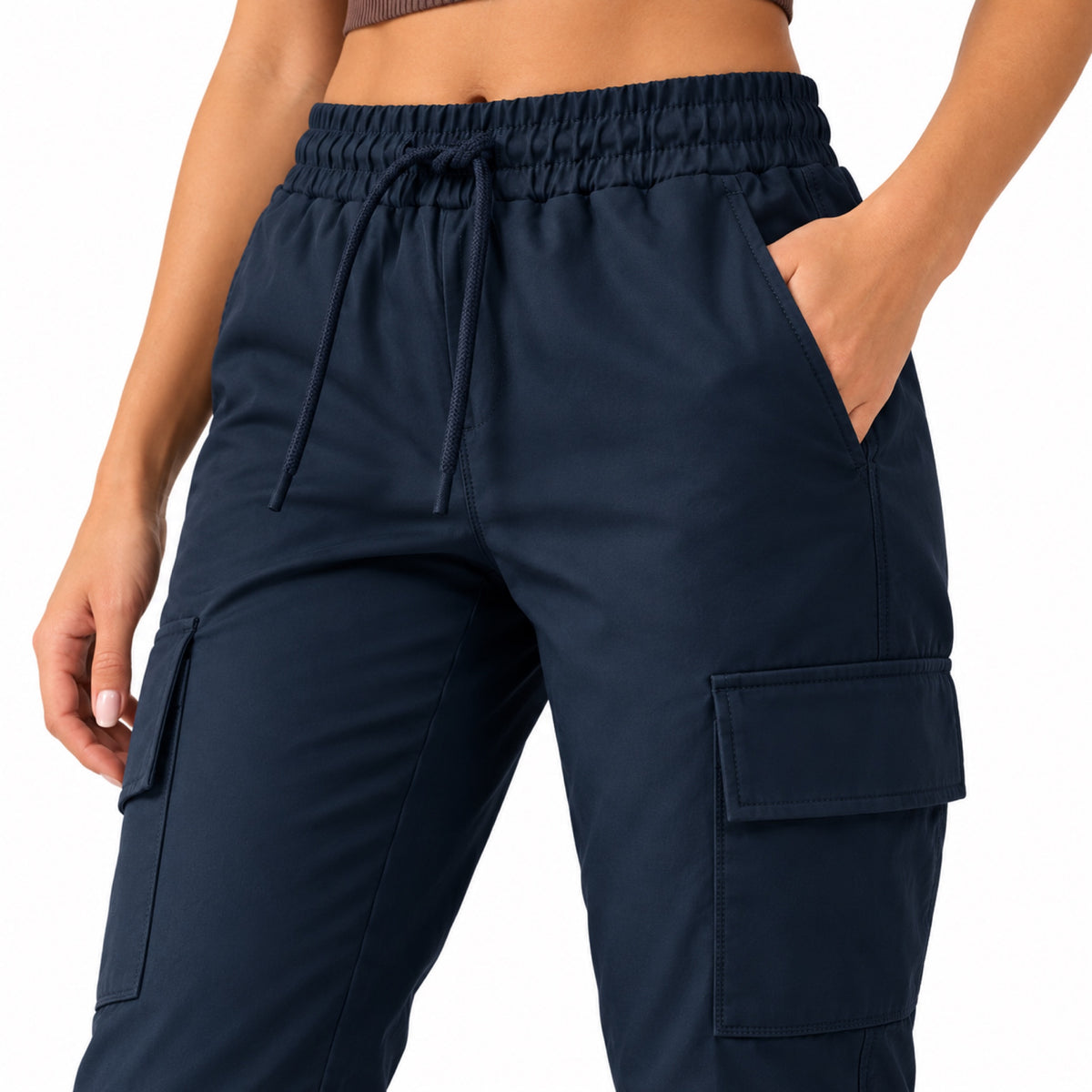 Women's coated cargo joggers - Dark Blue pocket detail