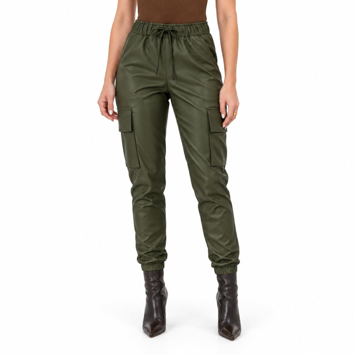 Women's coated cargo joggers - Green front view