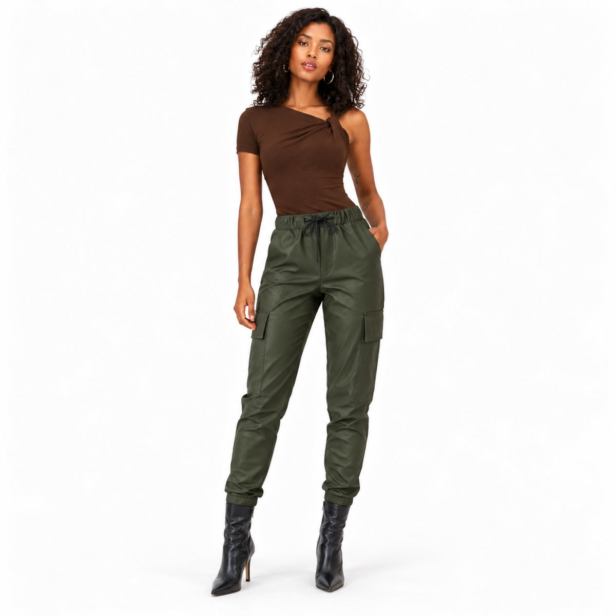 Women's coated cargo joggers - Green full view