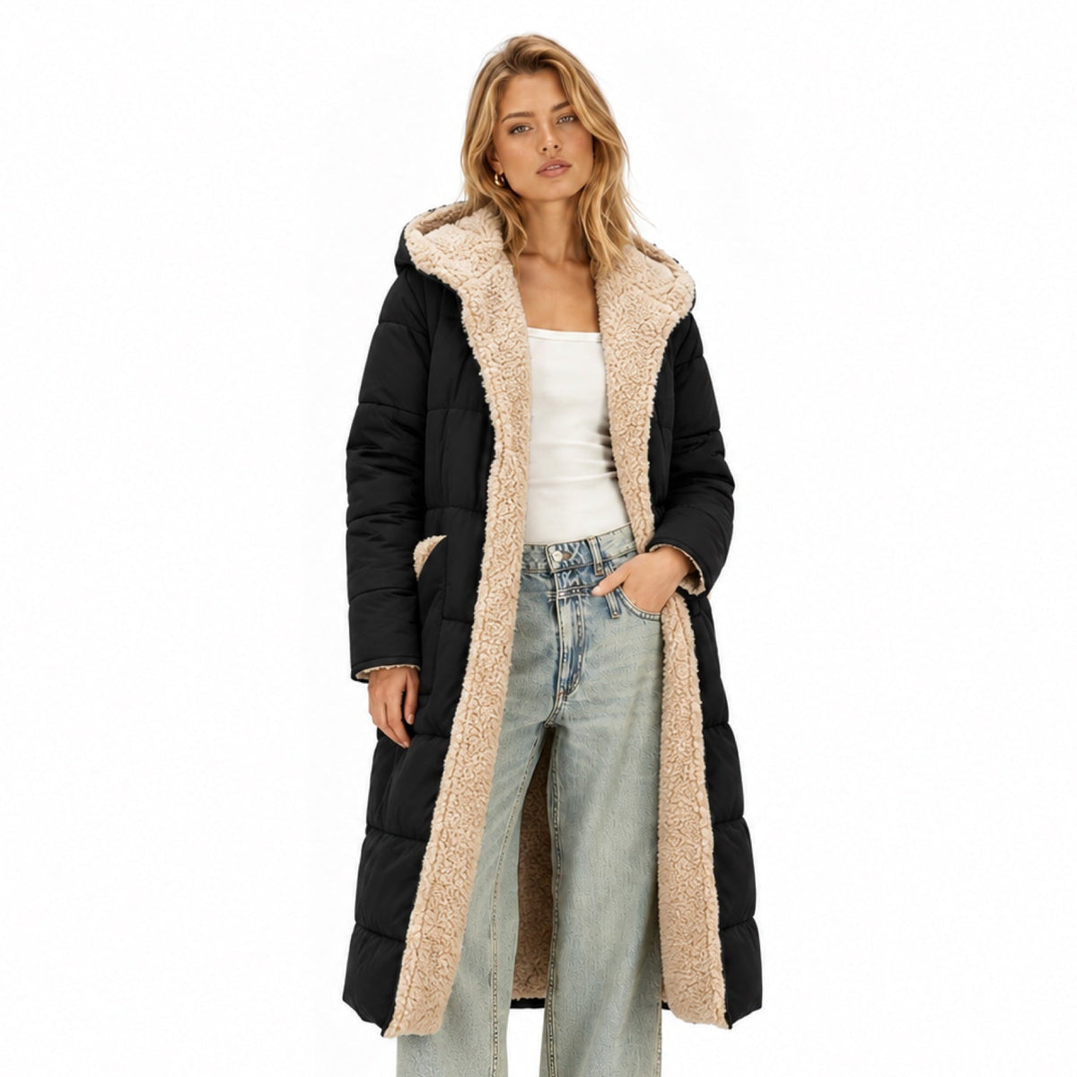 Women's teddy-lined quilted coat - Black front view