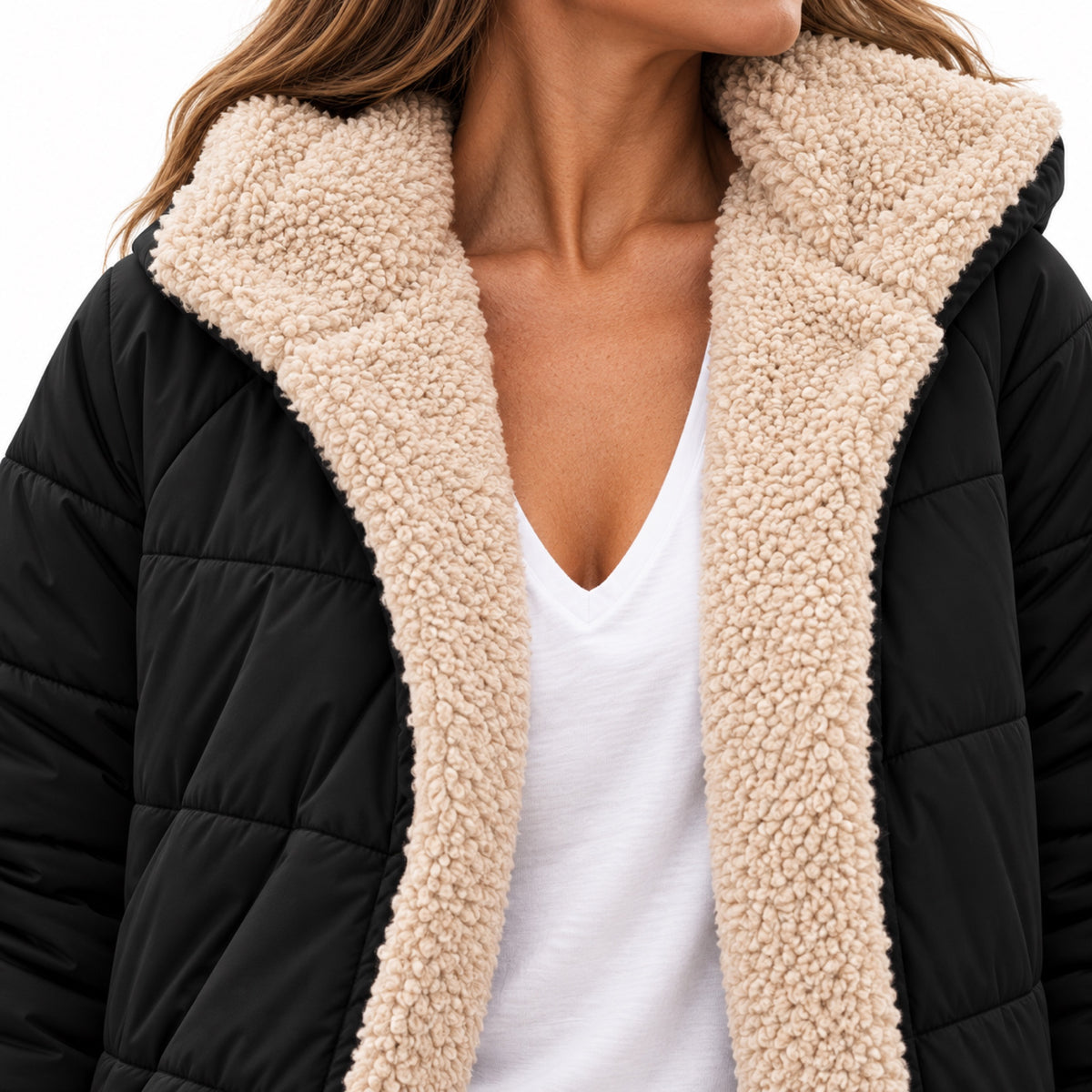Women's teddy-lined quilted coat - Black lining detail