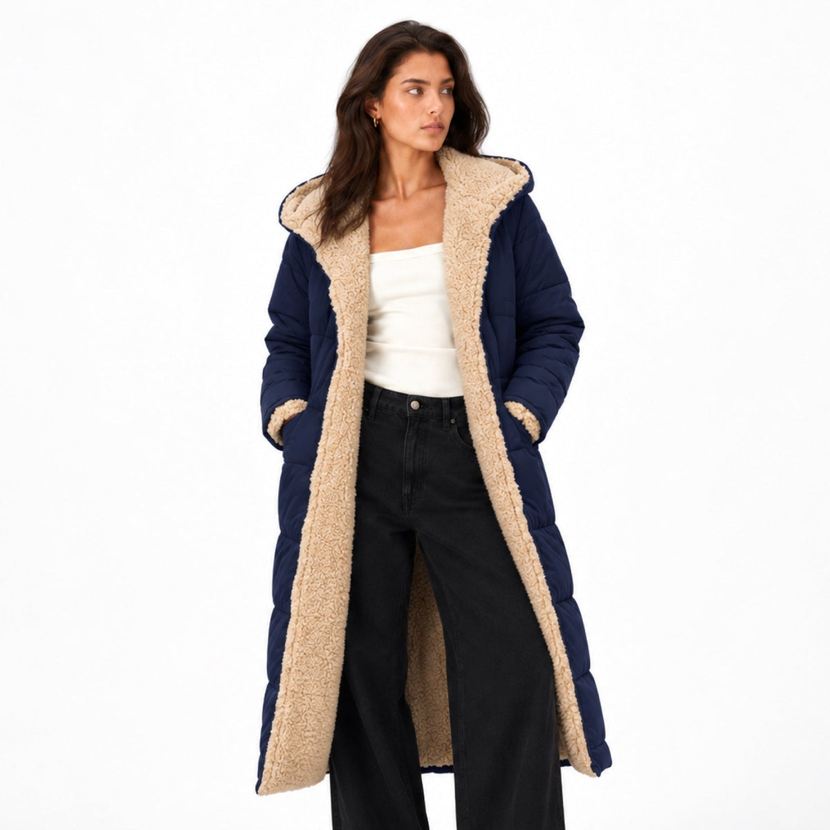 Women's teddy-lined quilted coat - Navy Blue front view