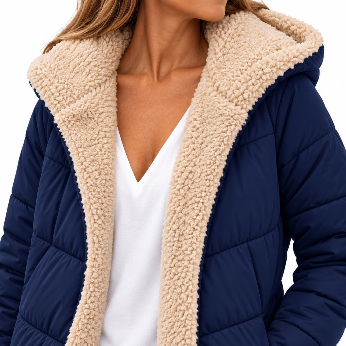 Women's teddy-lined quilted coat - Navy Blue lining detail