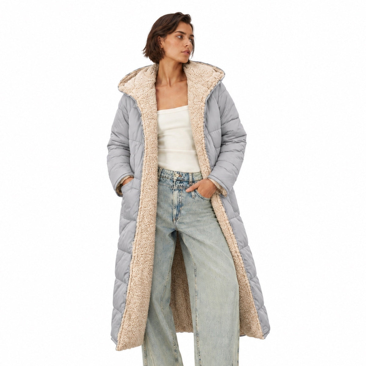 Women's teddy-lined quilted coat - Silver front view