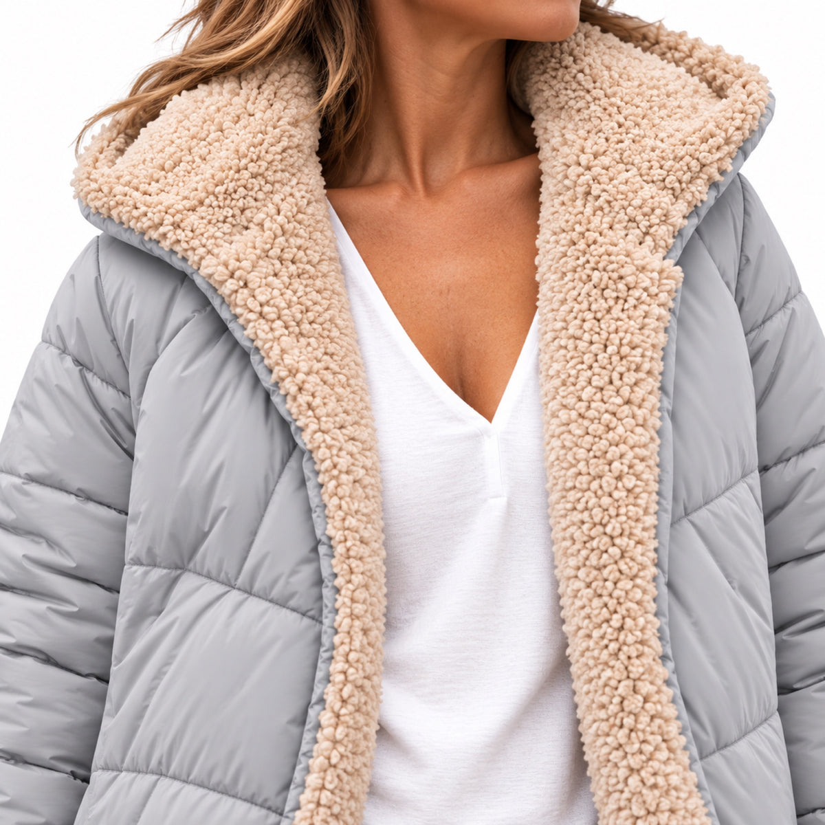Women's teddy-lined quilted coat - Silver lining detail