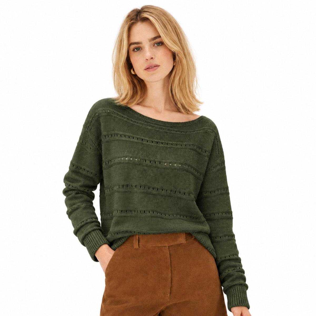 Women's openwork knit boat neck jumper in Army Green - front view