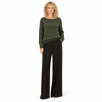 Women's openwork knit boat neck jumper in Army Green - full view