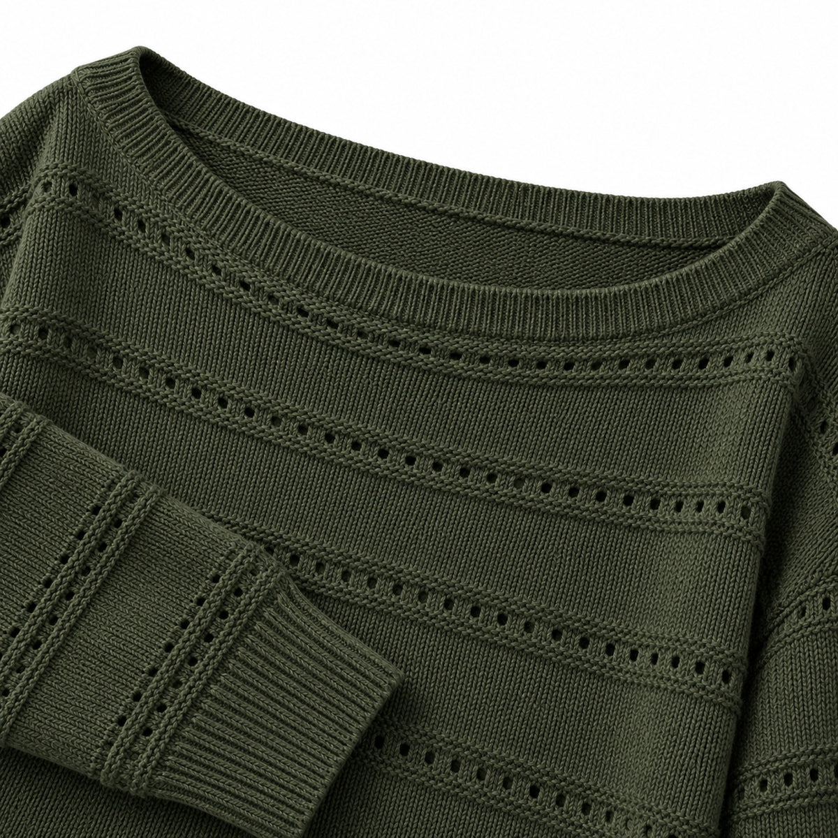 Women's openwork knit boat neck jumper in Army Green - knit detail