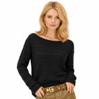 Women's openwork knit boat neck jumper in Black - front view
