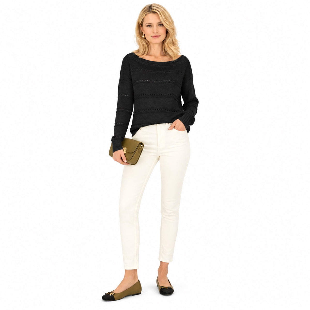 Women's openwork knit boat neck jumper in Black - full view