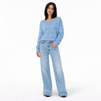 Women's openwork knit boat neck jumper in Navy Blue - full view