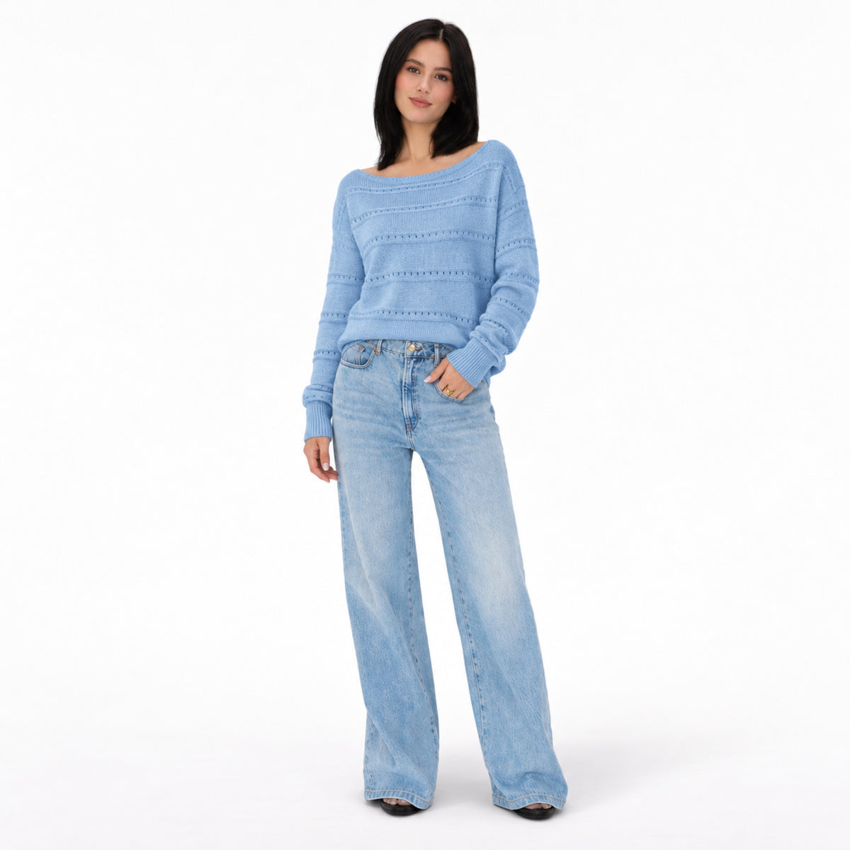 Women's openwork knit boat neck jumper in Navy Blue - full view
