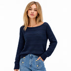 Women's openwork knit boat neck jumper in Sky Blue - front view