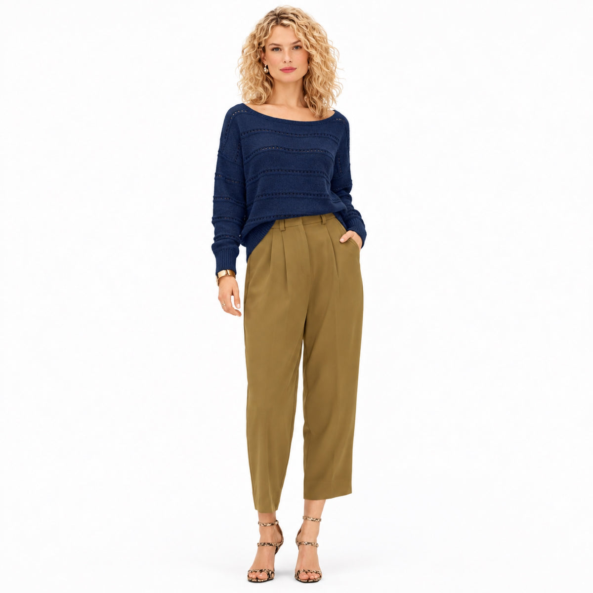Women's openwork knit boat neck jumper in Sky Blue - full view