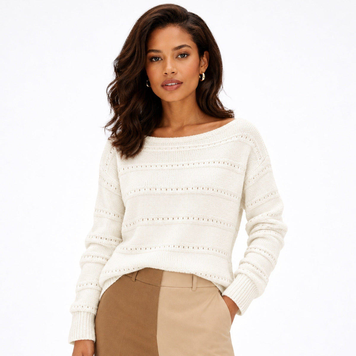 Women's openwork knit boat neck jumper in White - front view