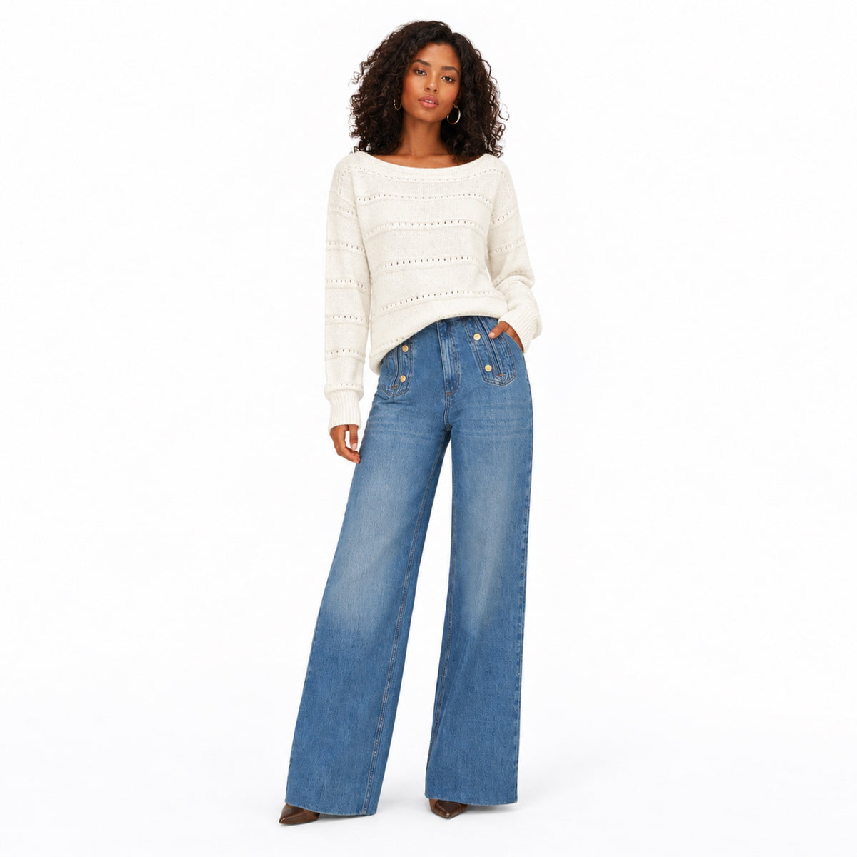 Women's openwork knit boat neck jumper in White - full view