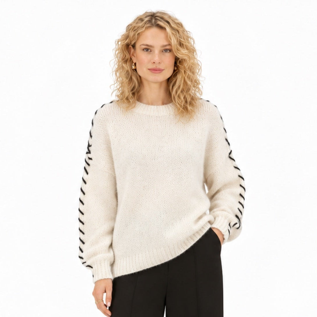 Women's contrast whipstitch crew neck jumper in Apricot - full view