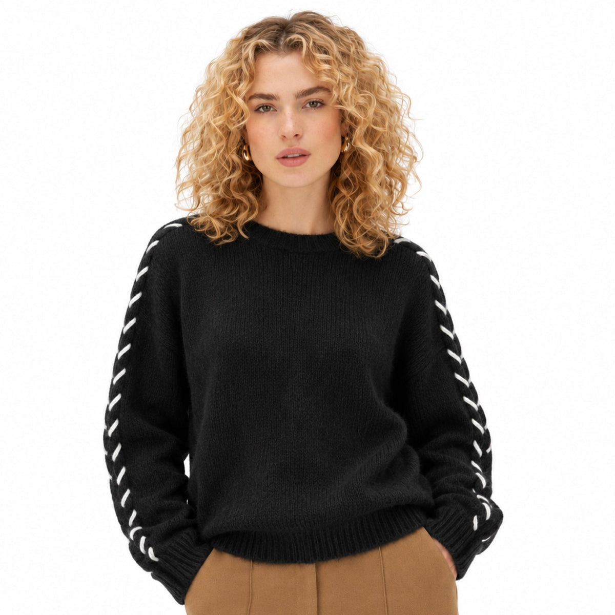 Women's contrast whipstitch crew neck jumper in Black - front view