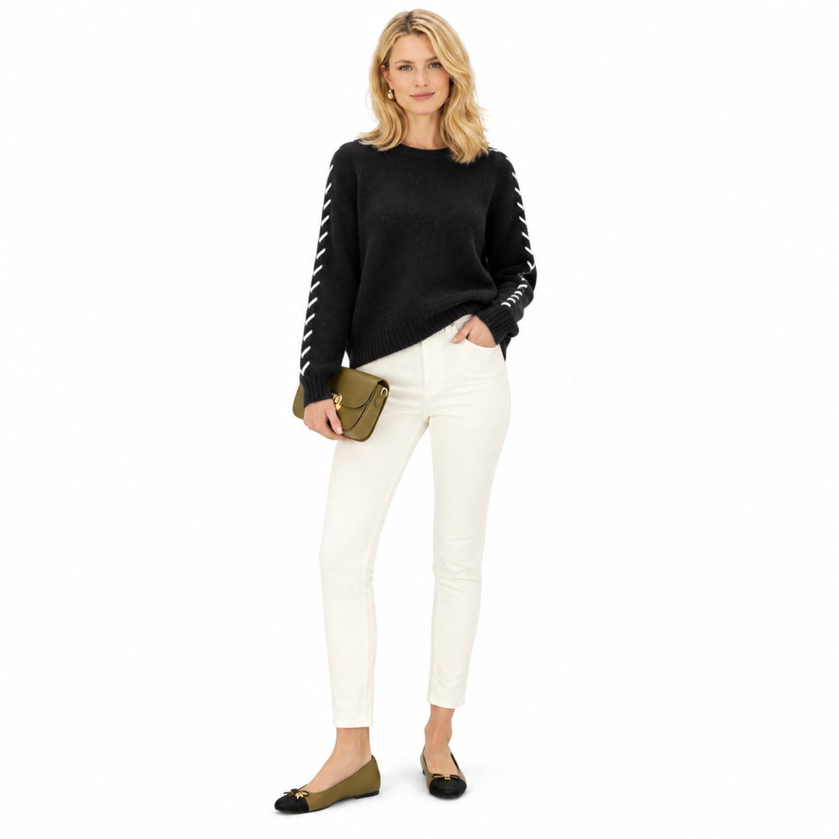 Women's contrast whipstitch crew neck jumper in Black - full view